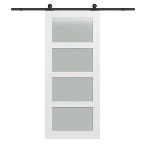 42 in. x 84 in. Shaker 4-Lite Frosted Glass Primed MDF Sliding Barn Door with Top Mount Hardware Kit
