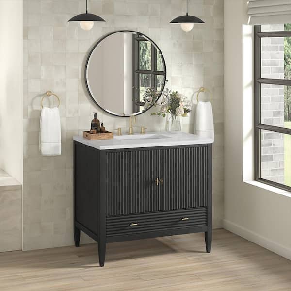 James Martin Vanities Myrrin 36.0 in. W x 23.5 in. D x 34.06 in. H Single Bathroom Vanity Carbon Oak and Arctic Fall Solid Surface Top