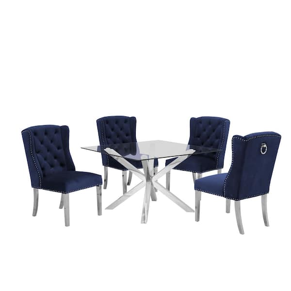 Best Quality Furniture Anitta 5-Piece Square Glass Top With Stainless Steel Base Table Set With 4 Navy Blue Velvet Chairs With Back Ring Handle