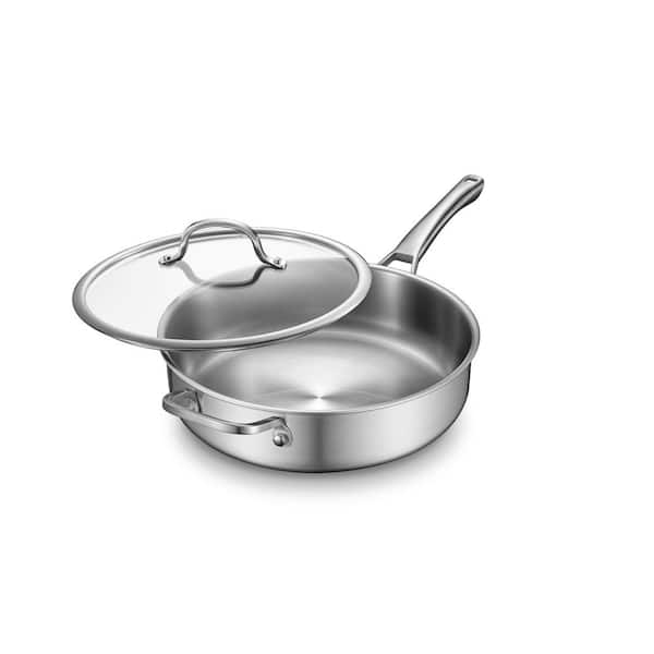 6 qt. Silver Stainless Steel Saute Pan with Lid, Dishwasher and Oven Safe, Works on All Cooktops, Ergonomic Handle