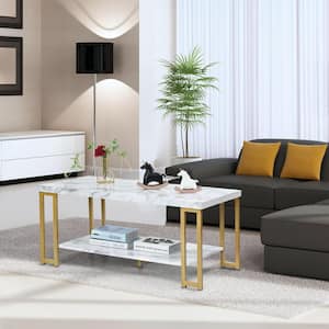 39.5 in. Gold Modern Coffee Table with Faux Marble Top