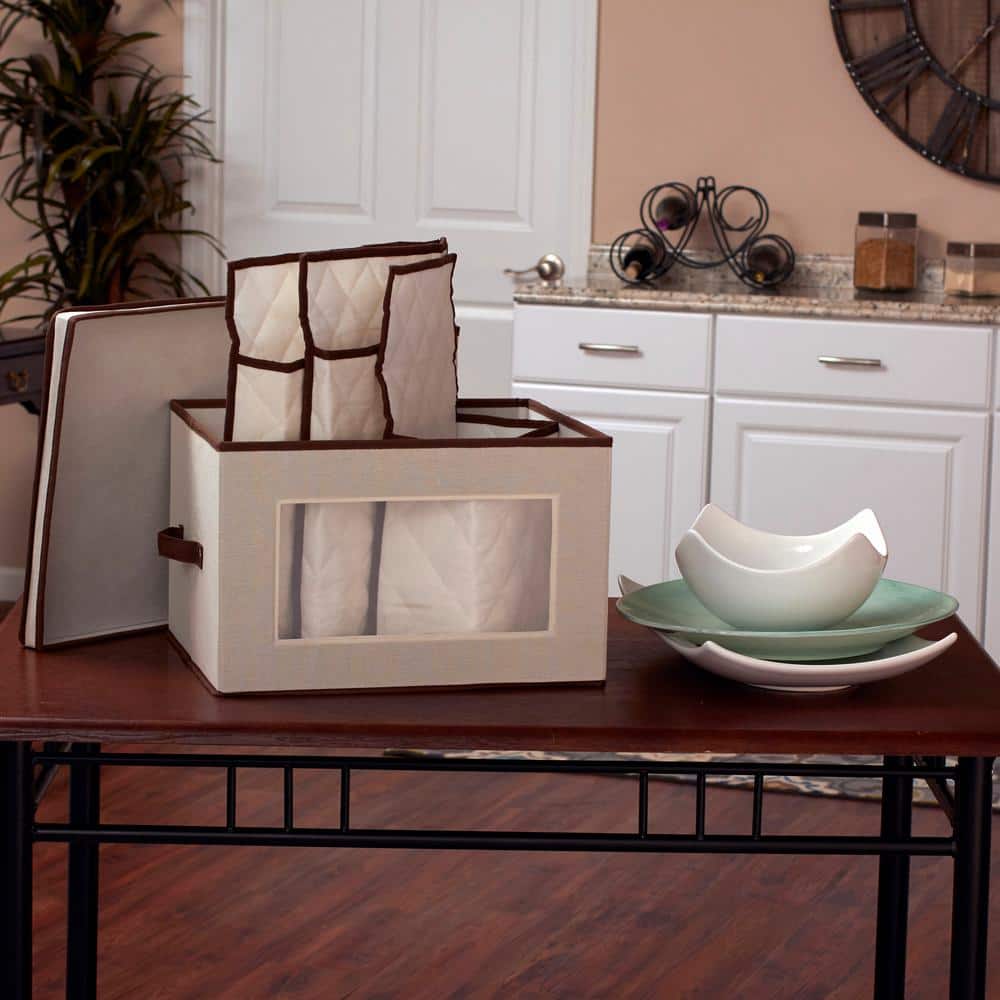 Natural Canvas Serveware Storage Box with Quilted Pouches