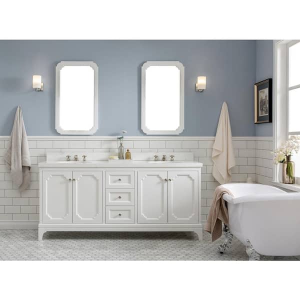 Water Creation Queen 72 in. Pure White With Quartz Carrara Vanity Top With Ceramics White Basins and Mirror