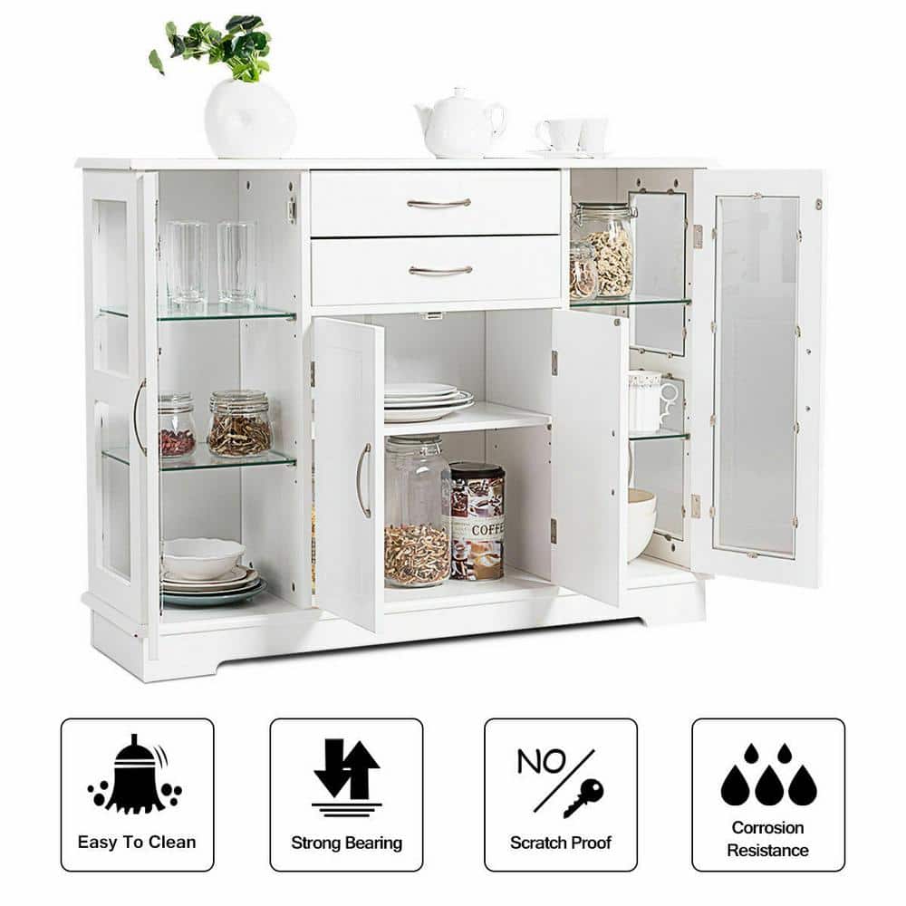 White Buffet Storage Cabinet with Glass Doors and Drawers