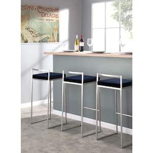 Fuji 30.75 in. Blue Velvet and Stainless Steel Stackable Bar Stool (Set of 3)