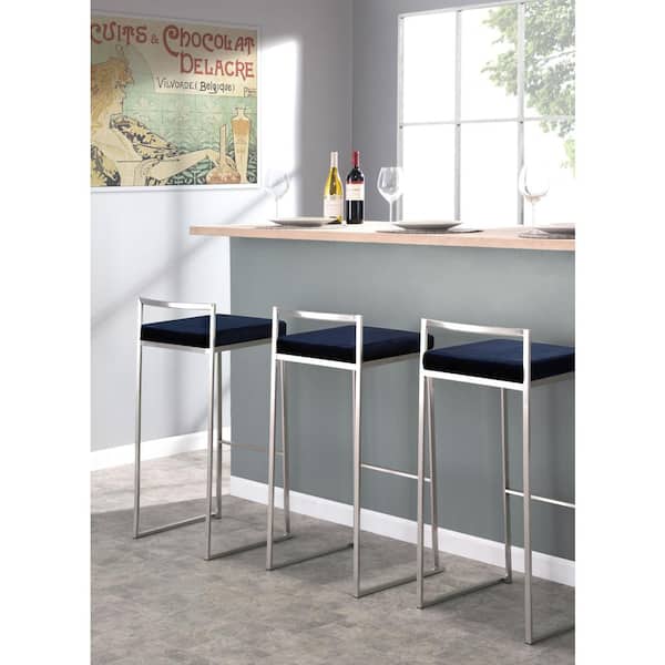 LumiSource Fuji 30.75 in. Blue Velvet and Stainless Steel Stackable Bar Stool (Set of 3)