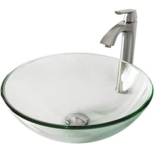 Glass Round Vessel Bathroom Sink in Iridescent with Linus Faucet and Pop-Up Drain in Brushed Nickel
