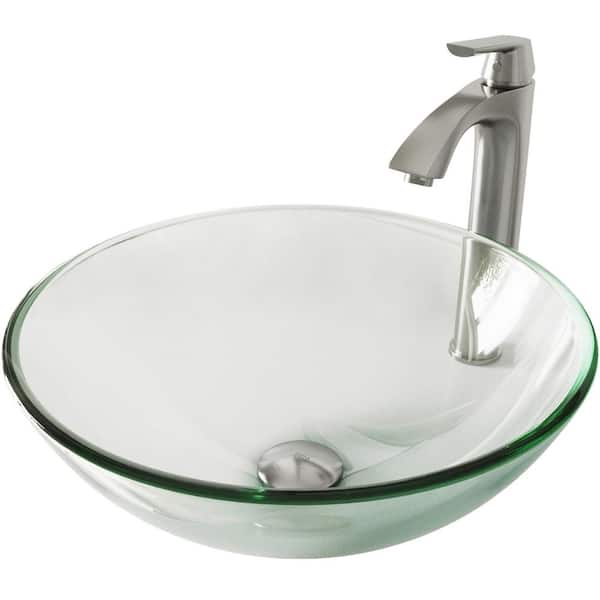 VIGO Glass Round Vessel Bathroom Sink in Iridescent with Linus Faucet and Pop-Up Drain in Brushed Nickel