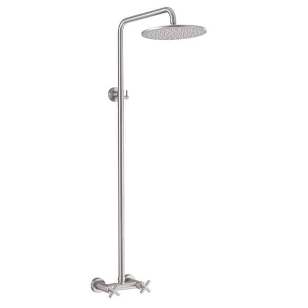 2 Handle 1-Spray Wall Mount Shower Faucet 1.8 GPM with Creamic Disc Valve Brass 9.8 in. Shower System Set Brushed Nickel