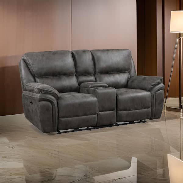 Benjara 79.5 in. Pillow Top Arm Fabric Rectangle Power Recliner Loveseat Sofa in Gray