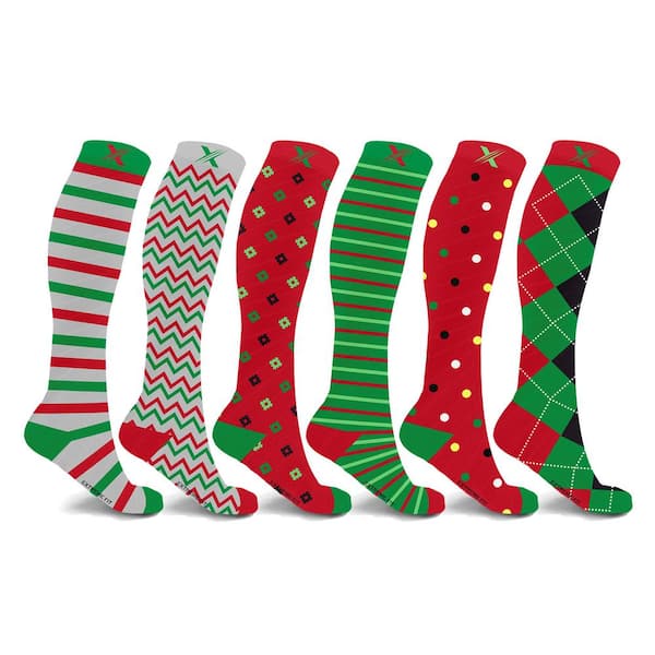 Men's Size 6-9 Christmas Themed Knee High Compression Socks (6-Pack)