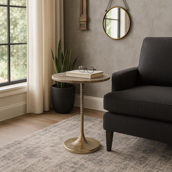 Liv & Skye 16 in. Brown Round Marble Twist Accent Table