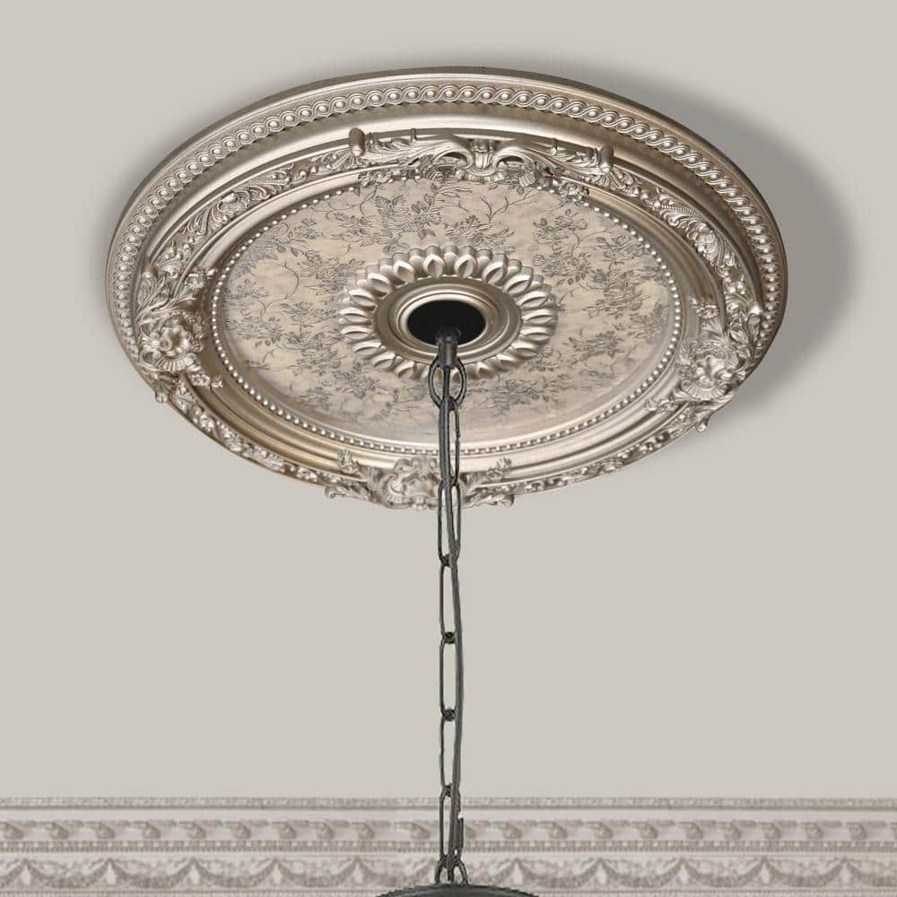 Petite Round Champagne Silver Ceiling Medallion with Floral Pattern