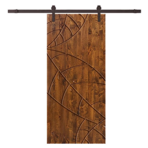 CALHOME 30 in. x 80 in. Walnut Stained Pine Wood Modern Interior Sliding Barn Door with Hardware Kit