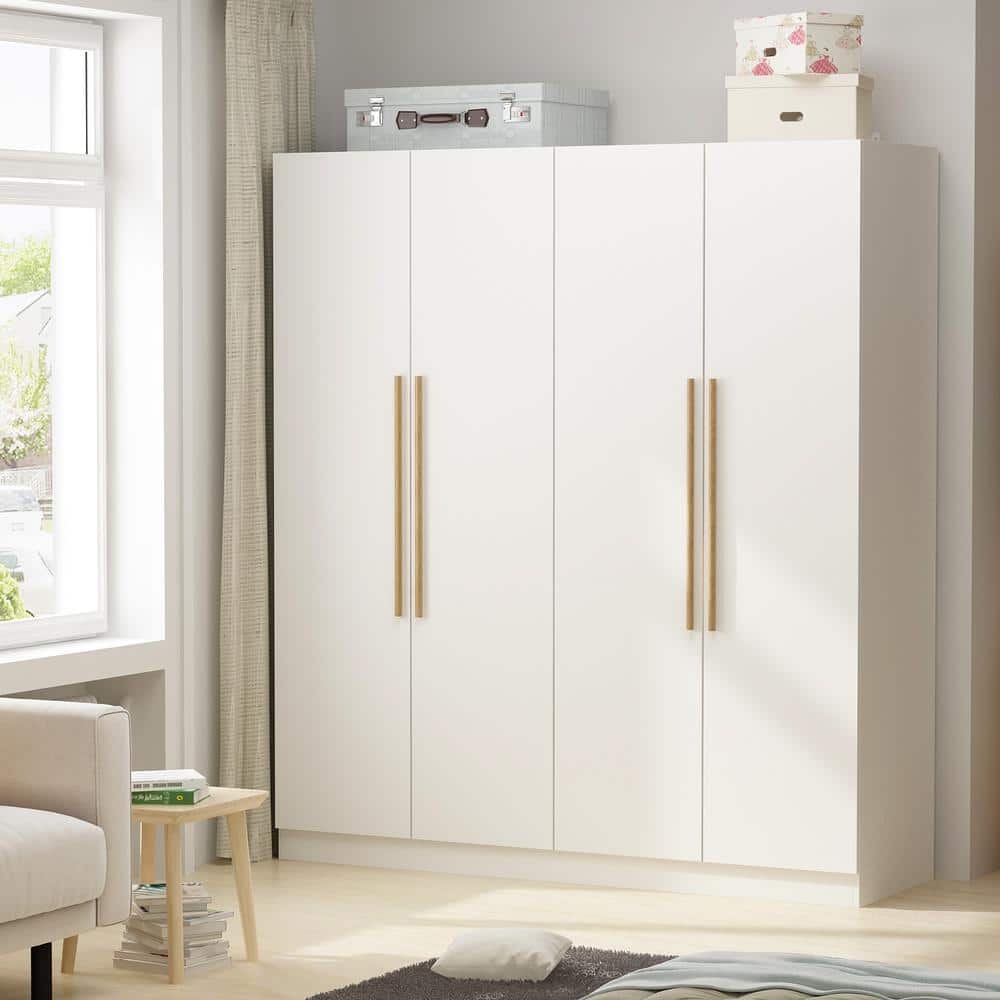 White 4-Door Wardrobe Armoire with Natural Wood Handles