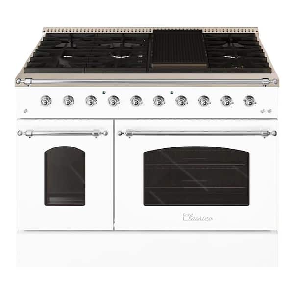 Hallman CLASSICO 48 in. 8 Burner Freestanding Double Oven Dual Fuel Range with Gas Stove and Electric Oven in White