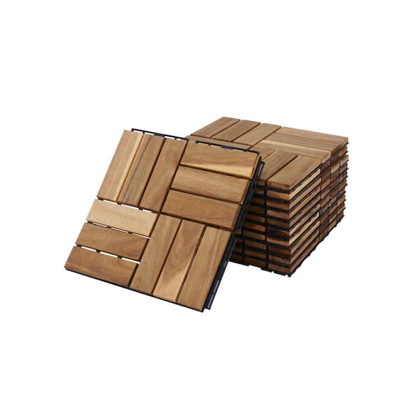 cadeninc 12 in. x 12 in. Square Interlocking Acacia Wood Outdoor Checker Pattern Flooring Tiles (Set of 10 Tiles)