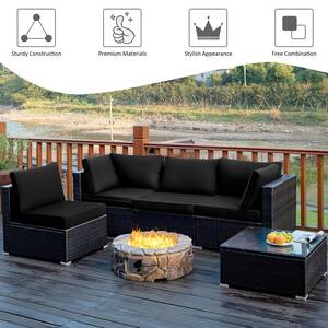 Black 5-Piece Wicker Steel Patio Furniture Set with Black Cushions