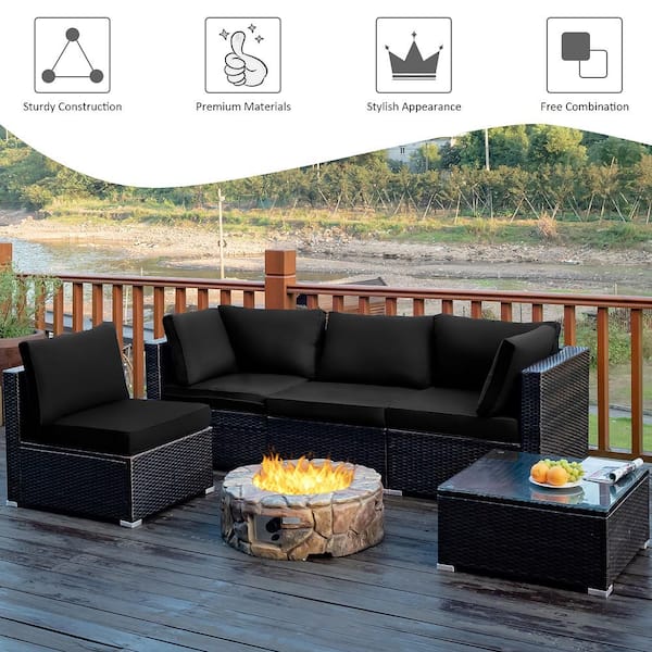 Black 5-Piece Wicker Steel Patio Furniture Set with Black Cushions
