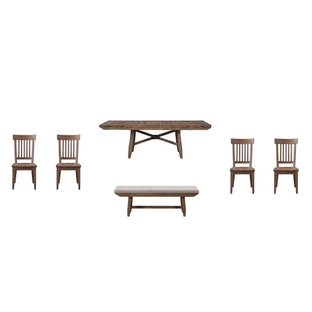 Riverdale Driftwood Brown Wood Rectangle Dining Table Set 6 Pieces with 4 Side Chairs and 1 Beige Upholstered Bench -  Steve Silver, RV500-BN-6PC