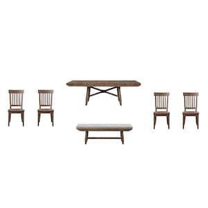 Riverdale Driftwood Brown Wood Rectangle Dining Table Set 6 Pieces with 4 Side Chairs and 1 Beige Upholstered Bench