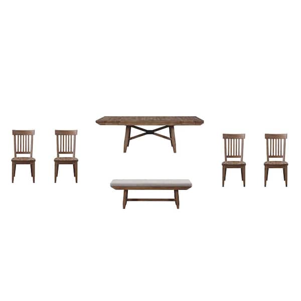 Steve Silver Riverdale Driftwood Brown Wood Rectangle Dining Table Set 6 Pieces with 4 Side Chairs and 1 Beige Upholstered Bench