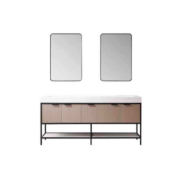 ROSWELL Marcilla 72 in. W x 20 in. D x 34 in. H Double Sink Bath Vanity in Almond Coffee with White Integral Sink Top and Mirror
