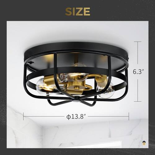 13.8 in. 3-Light Matte Black Flush Mount with Metal Shade and No Bulbs Included Home