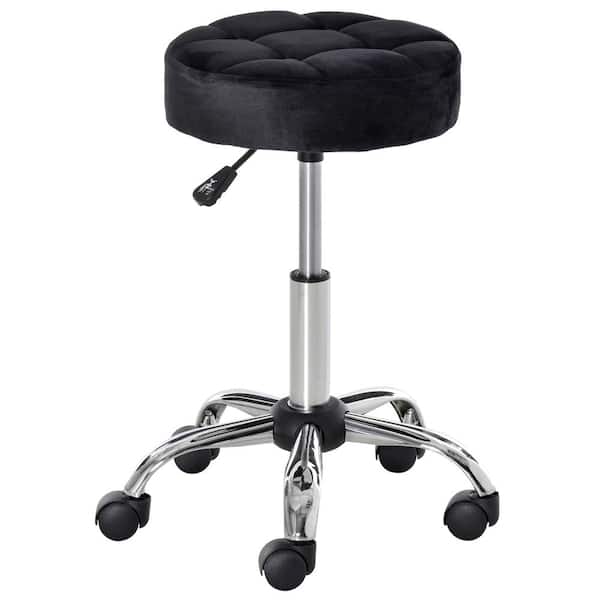 HOMCOM 13.75 x 19.25 Round Vanity Stool with Height Adjustable Lift, Luxury Style Upholstery and Swivel Seat and Wheels, Black