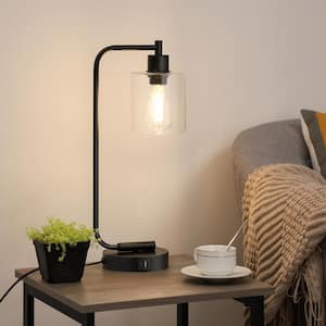 19 in. Black Metal Dimmable Touch Control Table Lamp with Glass Shade and USB Port