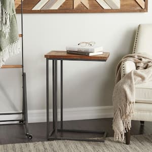 11 in. Black C-Shaped Large Rectangle Wood End Accent Table with Brown Wood Top