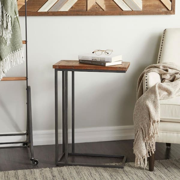 Litton Lane 11 in. Black C-Shaped Large Rectangle Wood End Accent Table with Brown Wood Top