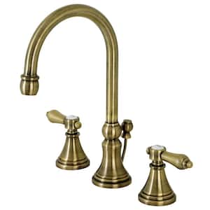 Heirloom 2-Handle High Arc 8 in. Widespread Bathroom Faucets with Brass Pop-Up in Antique Brass
