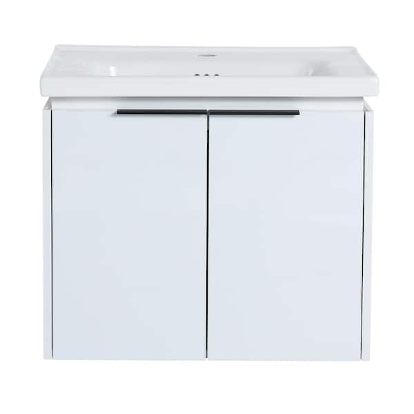 TCYO 24 in. W Single Sink Floating White Bath Vanity with White Ceramic Top Unassembled