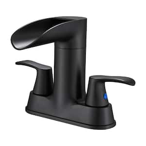 Rotatable 4 in. Centerset Double Bathroom Faucet with Drain kit Included Waterfall Lavatory in Matte Black