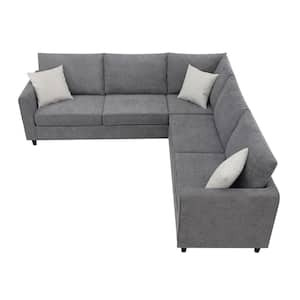 91in.W Square Arm 6-piece Polyester L-Shaped Modern Sectional Sofa in Gray