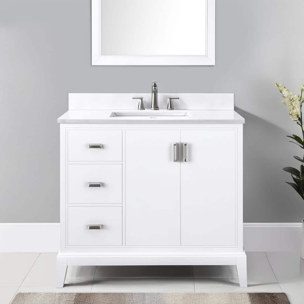 Shaelyn 37 in W x 22 in D x 34.78 in H Single Sink Freestanding Bath Vanity (L) White with White Quartz Engineered  Top -  Home Decorators Collection, SLWV3622DL-AWQ