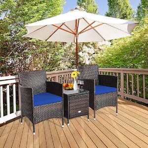 3-Piece Wicker Outdoor Furniture Sets Patio Conversation Set Chairs Coffee Table with Navy Cushion