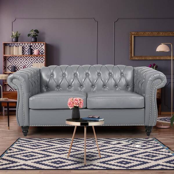 ATHMILE Grey 62 in. Faux Leather 2-Seater Loveseat 9134T40GYP
