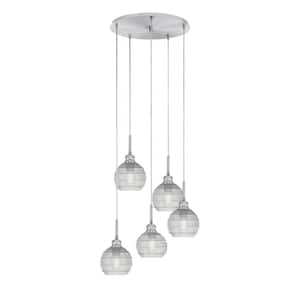 Albany 60-Watt 19 in. 5-Light Brushed Nickel Cord Pendant Light Clear Ribbed Glass Shade
