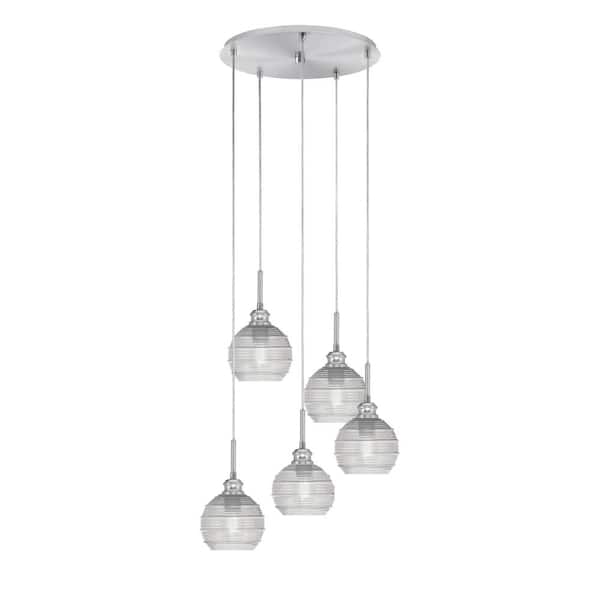 Unbranded Albany 60-Watt 19 in. 5-Light Brushed Nickel Cord Pendant Light Clear Ribbed Glass Shade