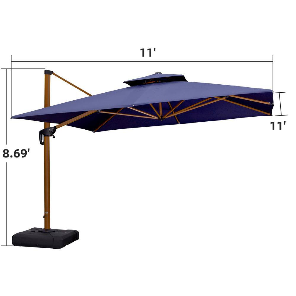 Navy Blue 11' Square Cantilever Patio Umbrella with Wood Grain Frame