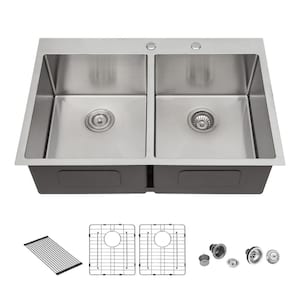 33 in. Drop-in/Topmount Double Bowl 16 Gauge Stainless Steel 50/50 Round Corner Kitchen Sink with Bottom Grids