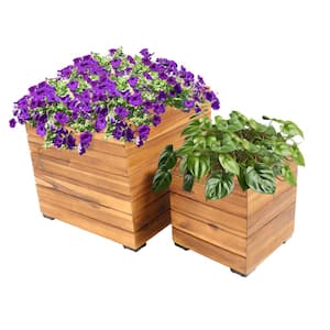 2-Piece Large Acacia Wood Square Planter Boxes with Plastic Liners - Horizontal Plank - Light Brown Stain