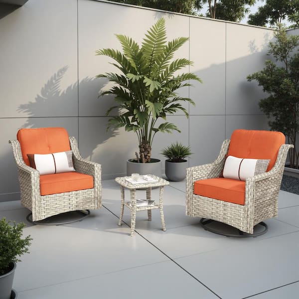 Nostalgia 3 Pieces Wicker Outdoor Rocking Chair Set with Orange Red Cushions