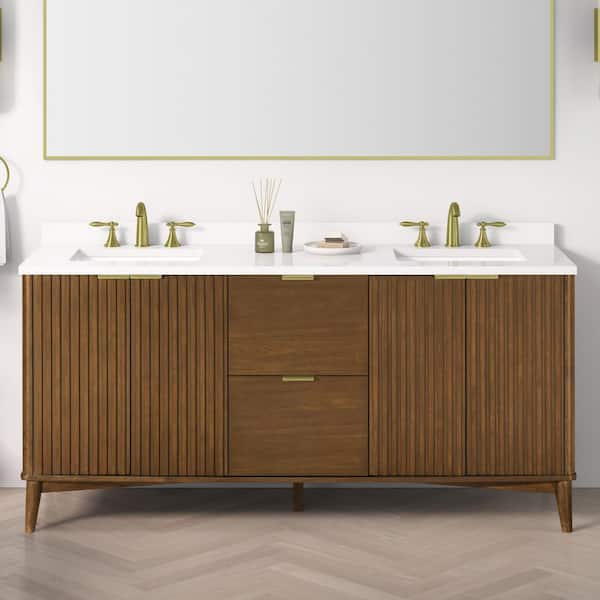 Gabi 72 in., Double Sink Warm Walnut Bath Vanity with White Engineered Stone Top (Assembled)