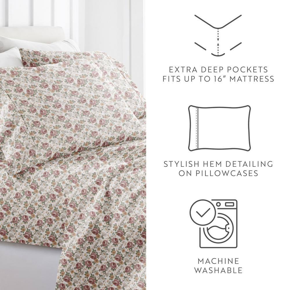 King Ivory Floral Microfiber Sheet Set with 16-inch Pocket Depth
