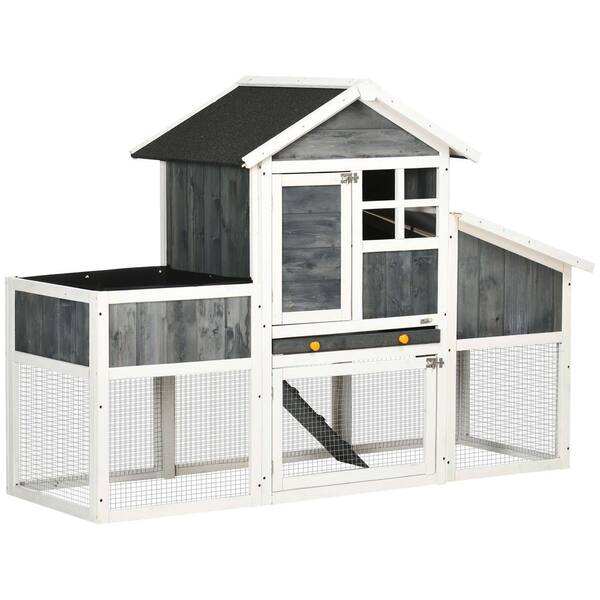 PawHut 63 in. Wooden Chicken Coop with Garden Bed, Storm, Poultry Fencing, Gray