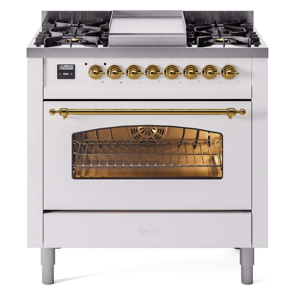 Nostalgie II 36 in. 6 Burner+Griddle Freestanding Dual Fuel Natural Gas Range in White with Brass Trim -  ILVE, UP36FNMPWHG