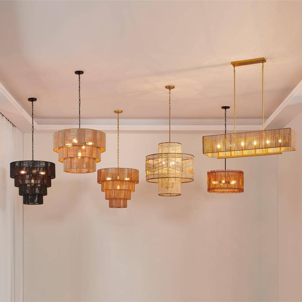 Distressed Gold 4-Tier Rattan Drum Pendant Light